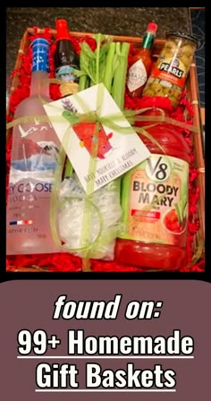 the gift basket is filled with alcohol, water, and other items for someone's birthday