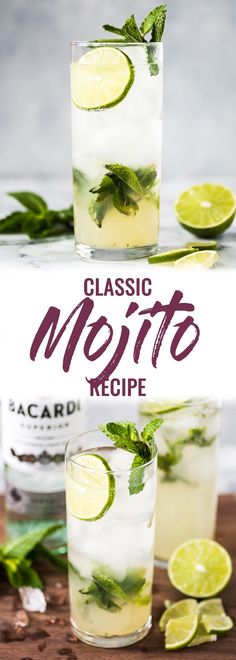 the classic mojito recipe is served in glasses with lime slices and mints