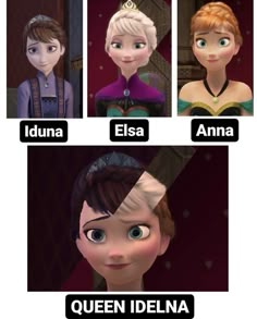 the names of frozen princesses are shown in three different pictures, one with blue eyes and