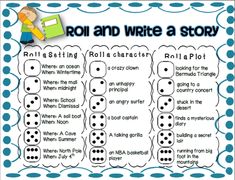 roll and write a story with the words roll and write in blue dots on white paper