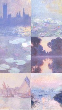 four different paintings of water lilies and the big ben clock tower in the background