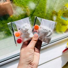 a person holding up two plastic animals in front of a window