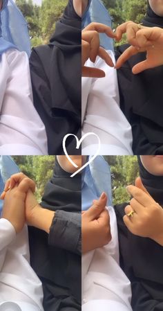 four pictures of two people wearing hijabs and holding hands together