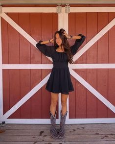 Country Sundress With Boots, Cute Outfits Cowboy Boots, Dress Up Country Outfits, Boots With Hoco Dress, Long Sleeve Country Dress, Country Concert Outfit Skirt Cowgirl Boots, Cowgirl Boots Formal Outfit, Long Sleeve Dress With Cowgirl Boots, Dresses With Cowboy Boots Winter