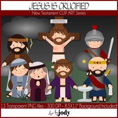 the jesus is crucified clip art set includes three different people, one with a cross