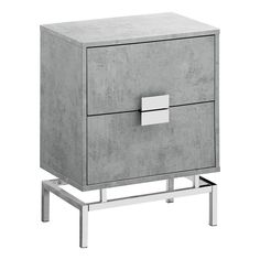 a grey cabinet with two drawers and metal legs