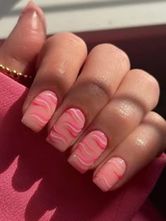 Short Pink Nails, Wave Nails, Summery Nails, Simple Acrylic Nails, Fake Nail, Pink Spring, Square Acrylic Nails