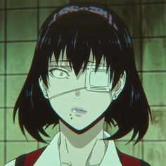 an anime character with black hair and glasses in front of a green tiled wall, staring at the camera