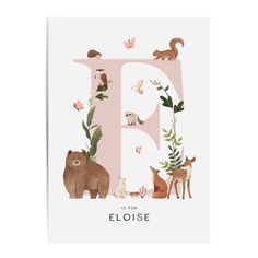 the letter e is for eloise with animals and plants on it's sides