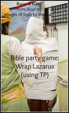 two people in costumes standing next to each other with text over them that reads, bible party game wrap lazarus using tp