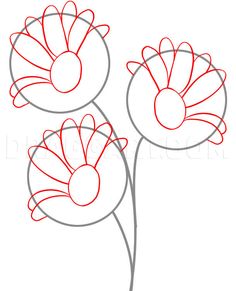 three red flowers on a white background with one line drawn in the shape of a flower