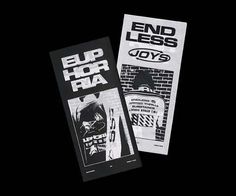 two black and white stickers with the words end less, eu hor - ra on them