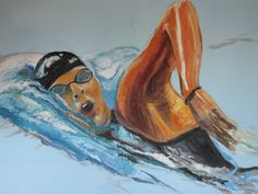 a painting of a man swimming in the water with goggles on his head and sunglasses on