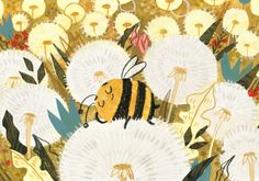 a painting of a bee on top of two white fluffy balls in the middle of a field