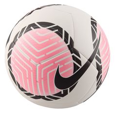 a pink and black nike soccer ball on a white background