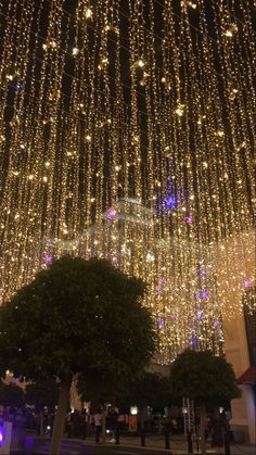 lights hanging from the ceiling in front of a large building with trees and people walking under it