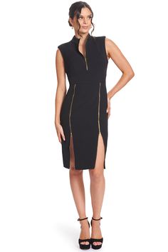 Explore the adaptability & versatility of our Just Zip It Dress. Boasting exposed functional gold zippers, this multipurpose LBD allows you to dictate the direction of your style. Crafted from stretch poly crepe, this midi dress showcases 1/4" thick shoulder pads and numerous functional zippers, including along the center back, front bodice, and skirt front princess seams. With the option to zip it closed for a more modest appearance, unzip it for a more alluring look, or find a middle ground. Y Chic Midi Dress With Zipper Closure For Party, Chic Party Midi Dress With Zipper Closure, Office Midi Dress With Back Zipper, Chic Knee-length Midi Dress With Side Zipper, Knee-length Midi Dress With Side Zipper For Night Out, Knee-length Midi Dress With Zipper, Mandarin Dress, Mermaid Midi Dress, Bianca Dress