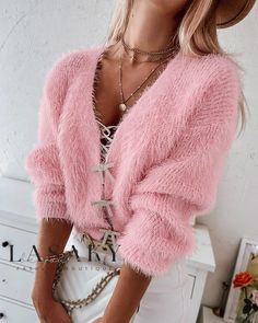 Lasaky - Elegant Knit Cardigan with Delicate Bowknot Pattern Cardigan Rosa, Y2k Long Sleeve, Fuzzy Cardigan, Cardigan Casual, Chic Type, Plus Size Cardigans, Long Sleeve Knit Sweaters, Casual Cardigans, Soft Sweater