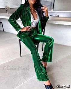 Olivia Mark - Premium Velvet Blazer Coat & Pants Ensemble with Exquisite Flap Detailing Ensemble Blazer, Ruched Pants, Winter Knit Sweater, Maxi Dresses Fall, Blazer Set, Sleeves Clothing, Velvet Blazer, Coat Pant, Blazer Coat