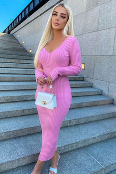 Available In Black, Red, Pink, Blue And Taupe Ribbed Dress V Neckline Ankle Length Long Sleeve Knit 70% Rayon 30% Nylon Imported | Kallan Knit Dress in Pink size Large by Fashion Nova Kallan Knit Dress, Knitted Dress Outfit, Look Kylie Jenner, Pink Sweater Dress, Ribbed Dress, Ribbed Dresses, Maxi Knit Dress, Pink Maxi Dress, Pink Outfits