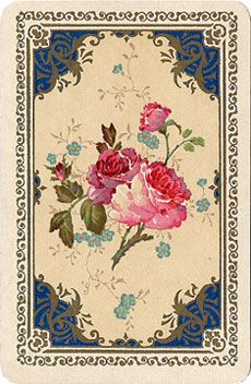 a painting of pink roses on a beige background with blue trimmings and an ornate border