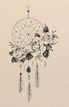 a black and white drawing of flowers, feathers and a dream catcher on a wall