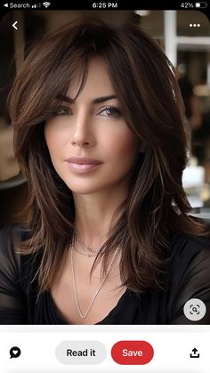 Hair Cuts For Long Face Shape Long Hair, Winter Hair Inspo For Brunettes, Shaggy Shoulder Length Hair Curtain Bangs, Wolfcut Mid Length, Thick Shoulder Length Hair With Layers, Medium Cut Hair, Curtain Bangs With Side Part, Med Length Haircuts, Long Hair With Bangs And Layers