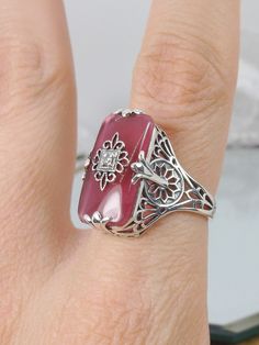 Petal Pink Glass Ring Vintage White Gold Filigree Jewelry, Jeweled Wedding Ring, Pink Jeweled Wedding Ring, Antique Jeweled Jewelry, Vintage Diamond Jewelry With Intricate Design, Antique Silver Jeweled Jewelry, Victorian Diamond Jewelry With Intricate Design, Antique Jeweled Silver Jewelry, Ornate Diamond Jewelry With Intricate Design