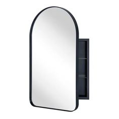 an oval mirror mounted to the side of a black wall mount cabinet with shelves underneath it