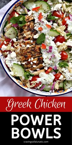 greek chicken power bowls with cucumbers, tomatoes, onions and feta cheese