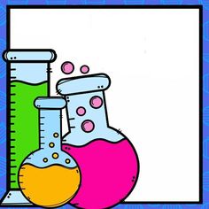 an illustration of a beakle and flask with colored liquids in it on a blue background