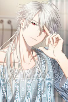 an anime character with long white hair and red eyes holding his hand to his face