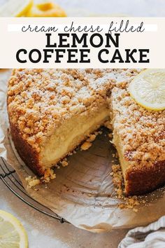 a lemon coffee cake is cut into slices