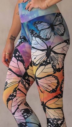 Buttery Soft Athleisure leggings with hand drawn artwork. Printed and sewn in USA. Rainbow Color Background, Pilates Workouts, Coloured Background, Athleisure Leggings, Eagle Rock, Yoga Legging, Monarch Butterflies, Casual Leggings, Baddie Tips