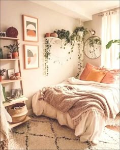 a bedroom with lots of plants on the wall