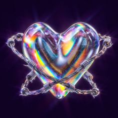 a heart shaped object is surrounded by metal chains and barbed wire on a purple background