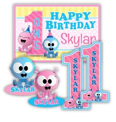 a birthday card with the number one and two cartoon characters in pink, blue and yellow