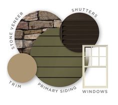 the different shades of siding and windows are shown in this graphic style, including stone, shutters, shingles, trim, and window sills