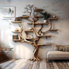 a living room filled with furniture and a tree like wall shelf next to a couch