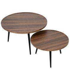 two wooden tables sitting next to each other