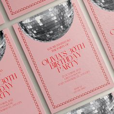 pink and silver disco ball themed birthday party invitations with red border around the edges