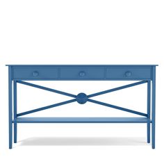 a blue console table with three drawers on one side and an open drawer at the top