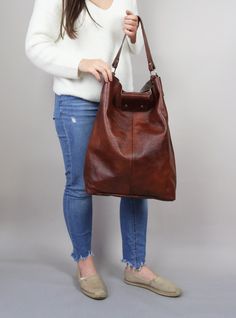 "Oversized bag - large leather tote bag -XXL handbag BROWN LEATHER BAG Height: 46 cm / 18.2\" Width: 43 cm / 17\" Width at the base: 32 cm / 12.6\" Min handle drop: 20 cm / 10.2\" Length of handle: 44 cm / 17.3\" Long strap: max 110 cm / 43.5\" Depth: 13 cm / 5.1\" Large and stylish tote bag made from high quality leather. Spacious interior provides room for all the daily essentials and more. This bag is perfect as your everyday bag, which can fit an IPAD, A4 files, books, magazines, cosmetic ba Large Rectangular Leather Bag, Large Shoulder Bag With Handles For Errands, Large Rectangular Leather Shoulder Bag, Large Double Handle Hobo Bag For Daily Use, Large Double Handle Bucket Bag For Everyday Use, Everyday Large Brown Satchel, Brown Large Satchel For Everyday Use, Large Brown Satchel For Everyday Use, Large Satchel Shoulder Bag For Everyday Use