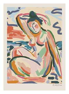 an abstract painting of a woman sitting on the ground with her hands behind her head