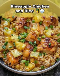 pineapple chicken and rice in a bowl with the title overlay reads pineapple chicken and rice