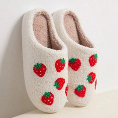 Style:Fashionable \nColor:White \nToe:Round Toe \nPattern Type:Animal \nPattern Type:Halloween \nSize Fit:One Size Smaller \nUpper Material:Fabric \nLining Material:Fabric \nInsole Material:Fabric \nOutsole Material:TPR \n Embroidered Strawberry, Home Slippers, Winter Slippers, Fuzzy Slippers, Slippers For Girls, Girl House, Formal Dresses For Women, House Slippers, Winter Shoes