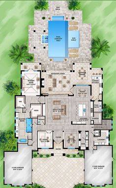 an aerial view of the floor plan for a house with swimming pool and hot tub