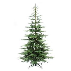 a small green christmas tree sitting on top of a black metal stand in front of a white background