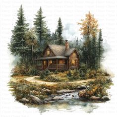 a painting of a log cabin in the woods with a stream running through it and trees around