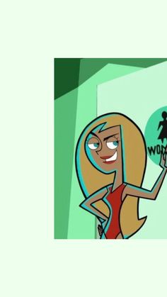 a cartoon girl with long blonde hair holding up her hand in front of a mirror